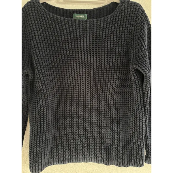 Lauren Ralph Lauren Chunky Knit Sweater Women Medium Blue Cotton Nautical Preppy - Image 4
