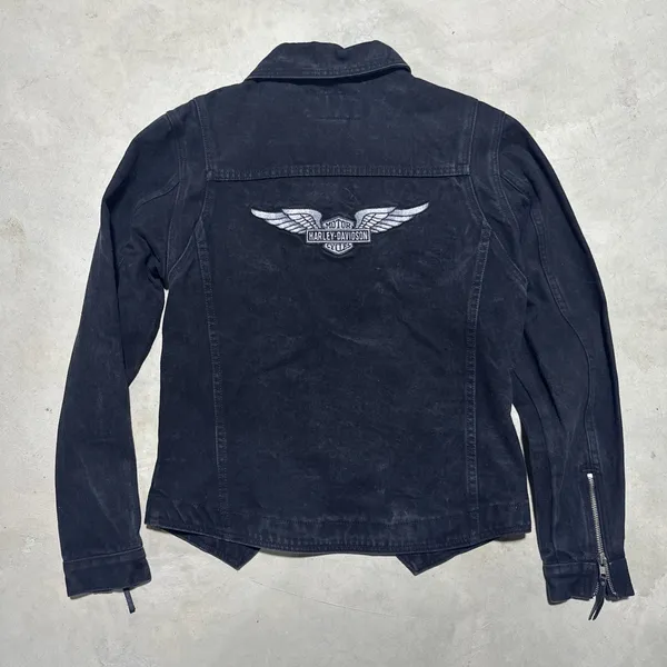 Harley Davidson Black Jean Denim Jacket Embroidered Wings Women's Size Medium - Image 2