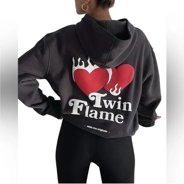 White Fox Twin Flame Heart Hoodie Sweatshirt Size XS/S Dark Grey Pullover - Image 2