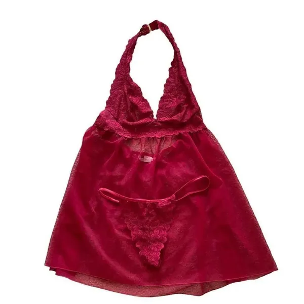 Victoria’s Secret Red Embroidered Adjustable Halter babydoll SZ S # 1611 - Image 2