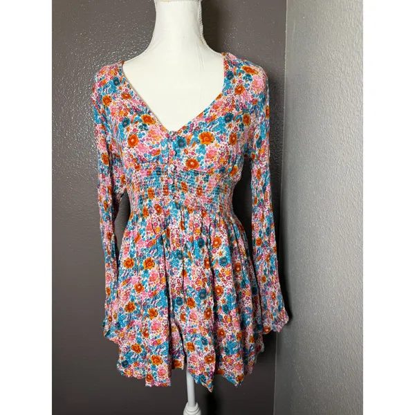 Urban Outfitters Floral Elise Smocked-Waist Mini Dress Size Large - Image 5