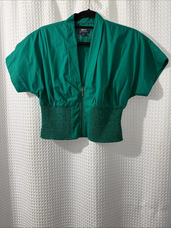 Maeve by Anthropologie Women’s Emerald Green Smocked Waist Zip-Front Top Size S - Image 2