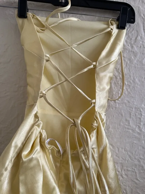 Lucy in the Sky Lulu Satin Lace Up Light Yellow Slip Dress Medium - Image 4
