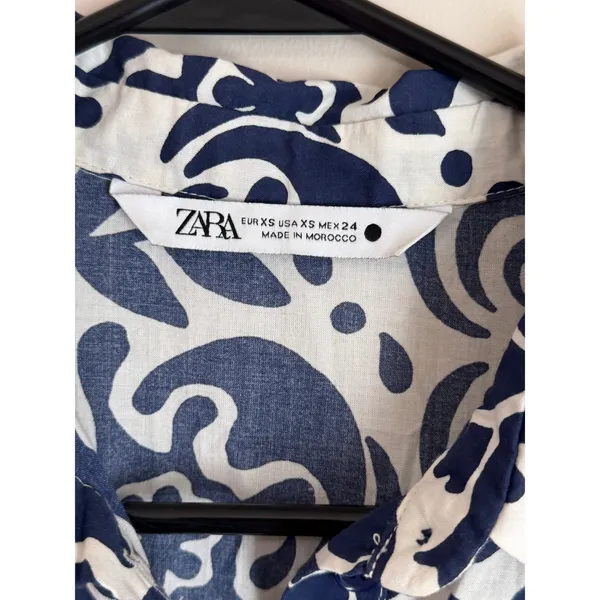 Zara Shirt Dress‎ Midi Dress Size XS White Blue Floral Cotton - Image 5