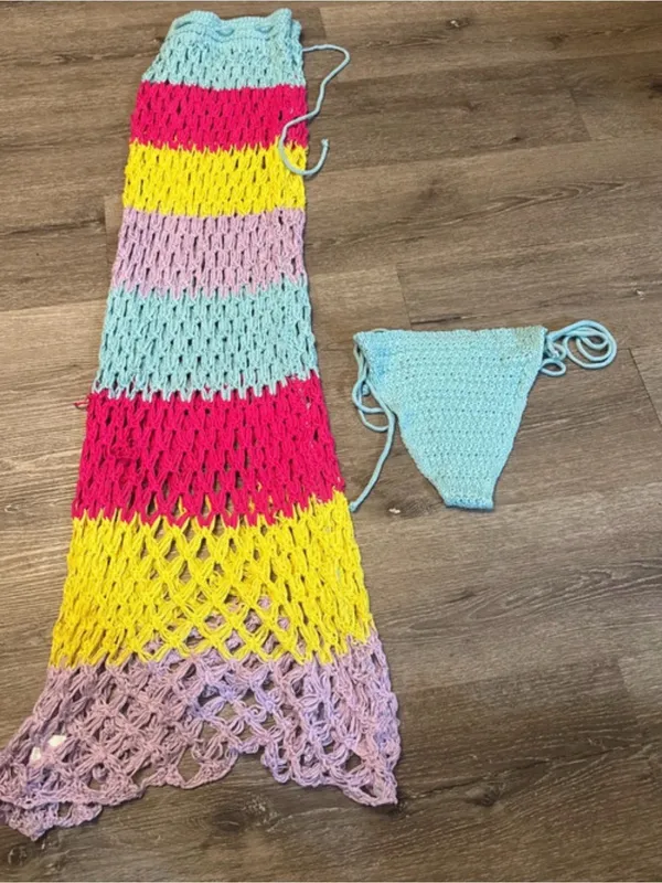 Crochet Beach Cover-Up Set in Pastel Stripes - Image 2