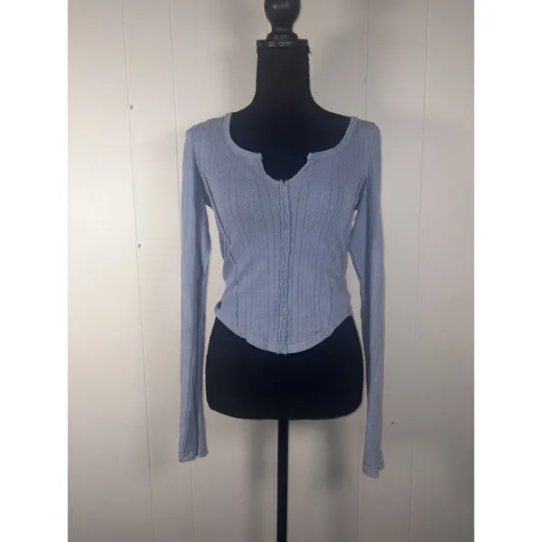 Free People We The Free XS Blue Pointelle Thermal Long Sleeve Raw Seam Top - Image 2