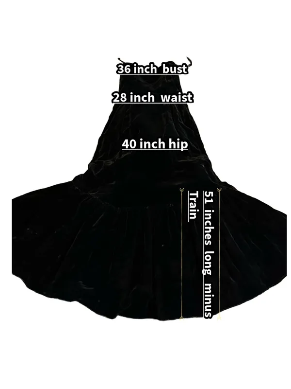 Vintage 1980'S Black Velvet Strapless Mermaid Dress W/Gold Lace Train (M) - Image 11