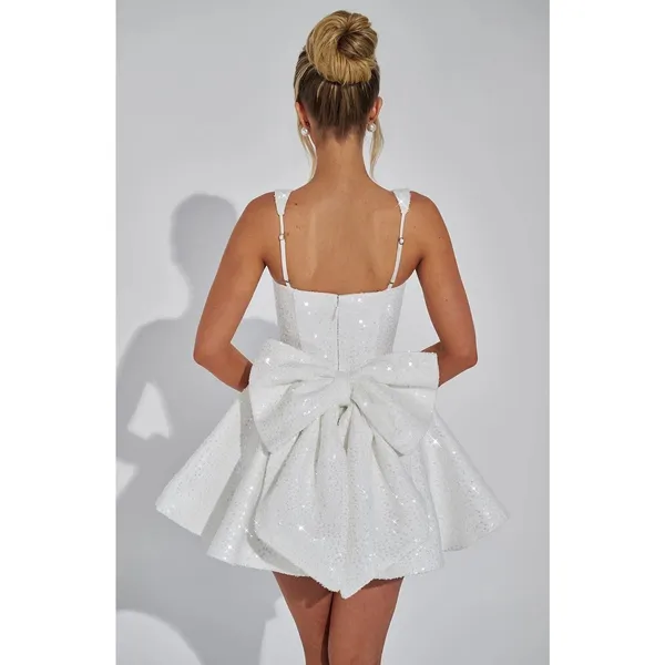 NWT Babyboo Dorothy Ivory Sequin Bow Square Neck Fit & Flare Mini Dress Size XS - Image 2
