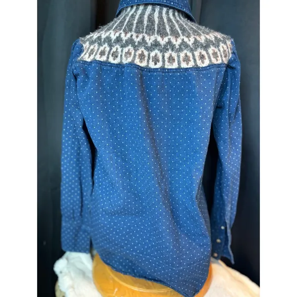Free People Polka Dot Denim Button Down Shirt Fair Isle Knit Yoke Blue western - Image 3