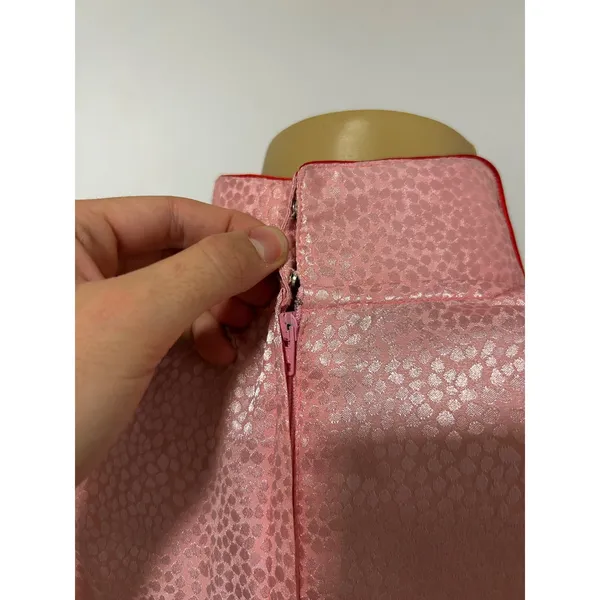 VTG ASIAN Pink Satin Jacquard Frog Button Blouse Red Piping Mandarin Collar Top - Image 6