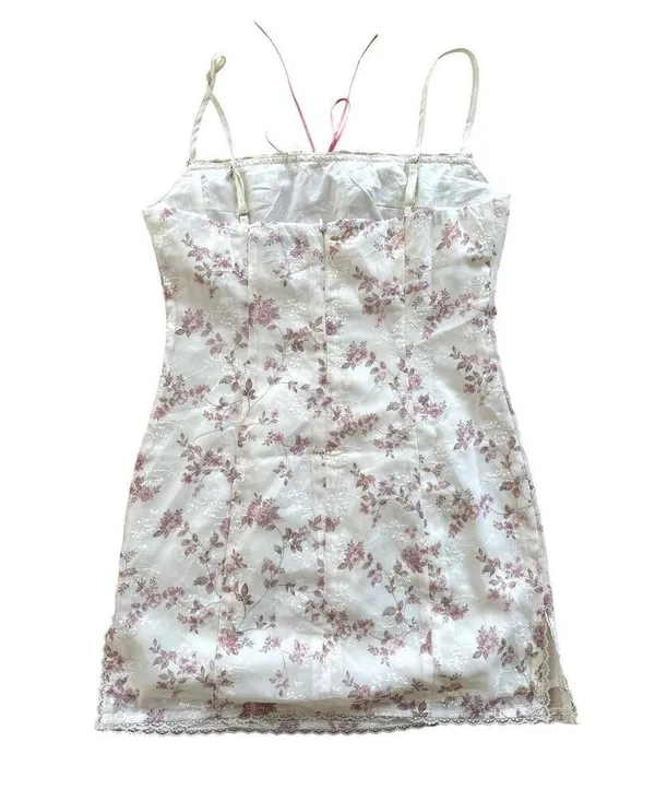 White Fox Boutique - Lace & Ribbon Trim Dainty Floral Mini Dress in White & Pink - Image 3
