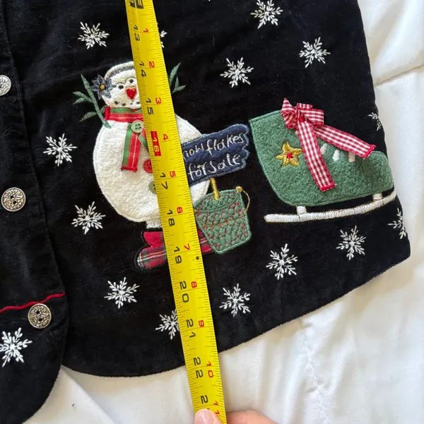 Vintage Christmas Vest Black Velvet Snowman Plaid Snowflake Medium Holiday 90s - Image 6
