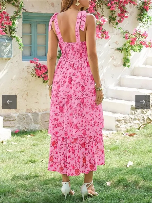 Wenrine Woman’s Tiered Summer Pink Floral Maxi Dress with Tie Straps - Image 2
