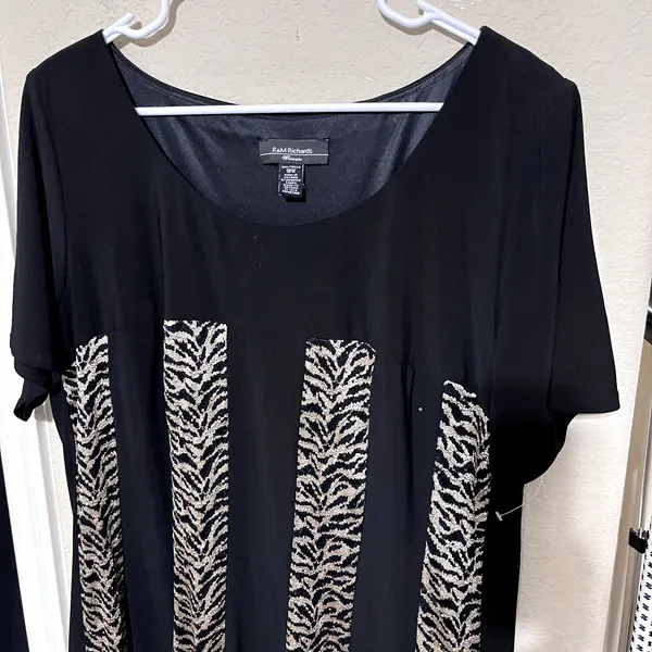 R&M‎ RICHARDS Midi Dress Black Gold Metallic Shimmery Stretch Jersey Event 18W - Image 3