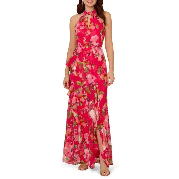 Adrianna Papell Women Dress 6 Pink Multi Mermaid Floral Ruffle Gown - Image 2