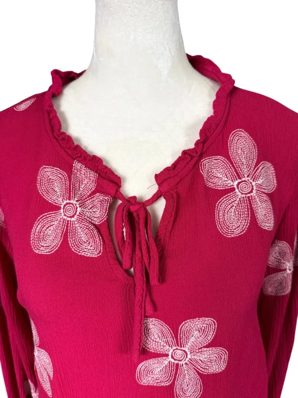 Maurices pink floral embroidered long sleeve keyhole ruffled neckline top M - Image 5