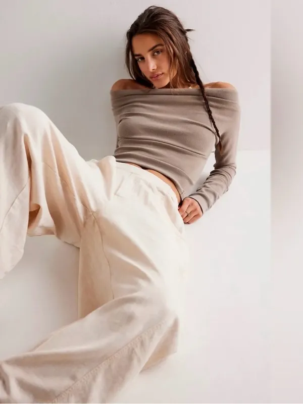 🆕 NWT Free People High Road Barrel Pants Linen Boho Wide-Leg Pockets Tan Large - Image 2