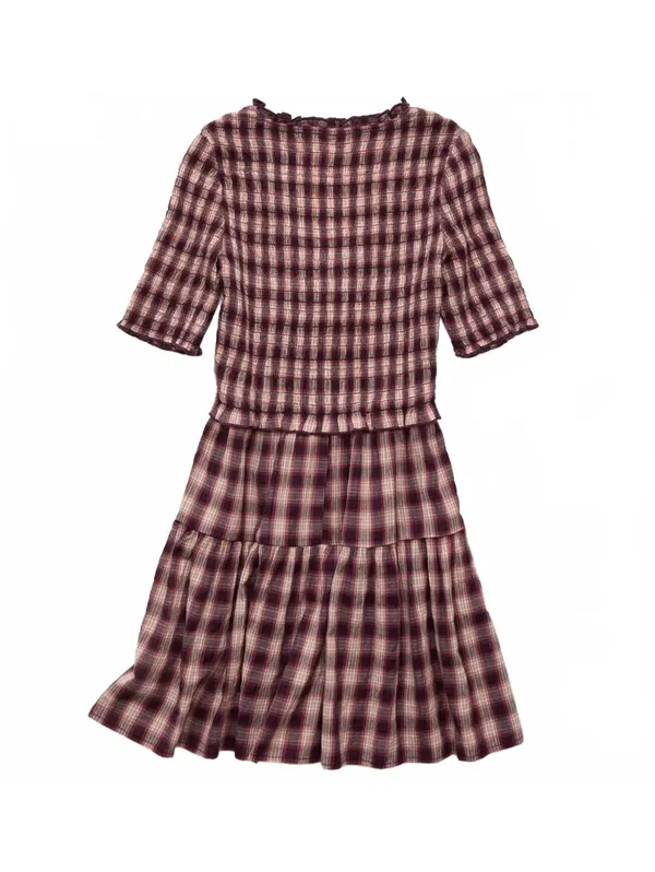 AE Puff Sleeve Tie Front Plaid Mini Dress American Eagle Pink NWT Burgundy XXL - Image 5