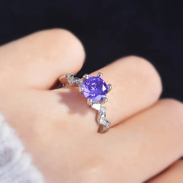 18K White Gold Plated Adjustable Birthstone Purple Crystal Amethyst Ring for Women - Image 5