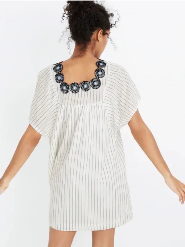 Madewell Embroidered Butterfly Dress Navy and White Stripe Cotton Mini Sz XXS - Image 2