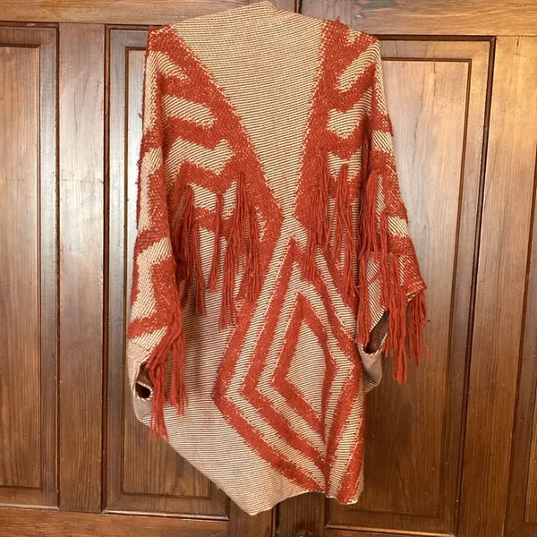 Free People Boho Diamond Fringe Kimono Cardigan Cacoon Knit Sweater Red One Size - Image 2
