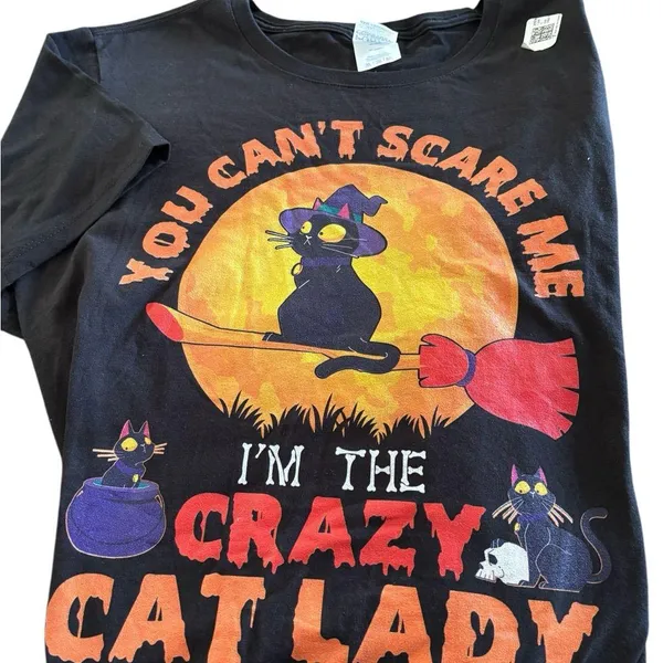 Port & Co Black SS Tee XL You Can’t Scare Me~ I’m The Crazy Cat Lady” Halloween - Image 2