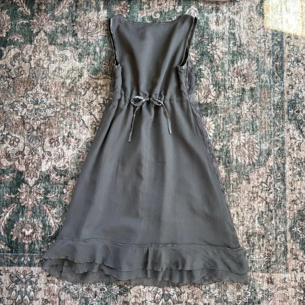 Vintage Cream Lace Midi Dress 34 Gray Sequin Ruffle Y2K Preppy Coquette Cottage - Image 4