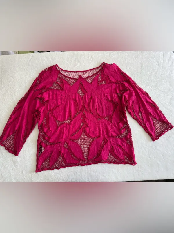 Surya Pink Beaded Sheer Floral Lace Top Boho Y2K Blouse Size L - Image 6