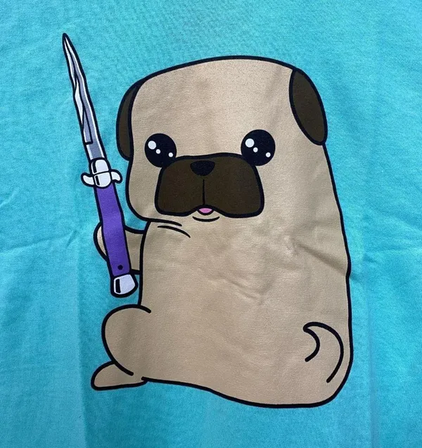 Kawaii Pug the Thug Butterfly Knife Doggo Black Matter Tee L - Image 2