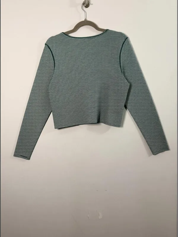 American Eagle 1977 Women’s XL Green White Striped Long Sleeve Crop Top Stretch - Image 2