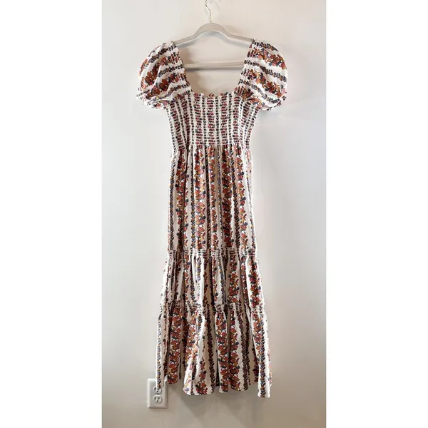 o.p.t Floral Daphne Puff Sleeve Smocked Tiered Midi Sundress White Pink Large - Image 5