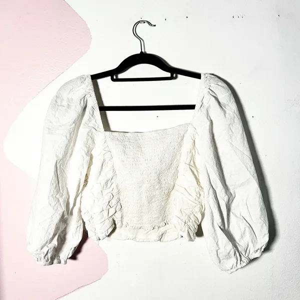 P. Cill White Puff Sleeve Top Women's‎ Large 100% Cotton Milkmaid Prairie - Image 2
