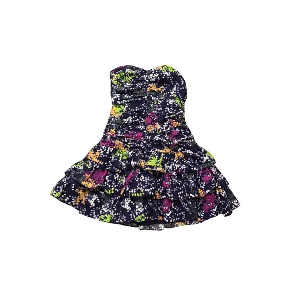 Moda International Navy Floral Polka Dot Strapless Ruffle Mini Dress 0 HOCO Prom - Image 2