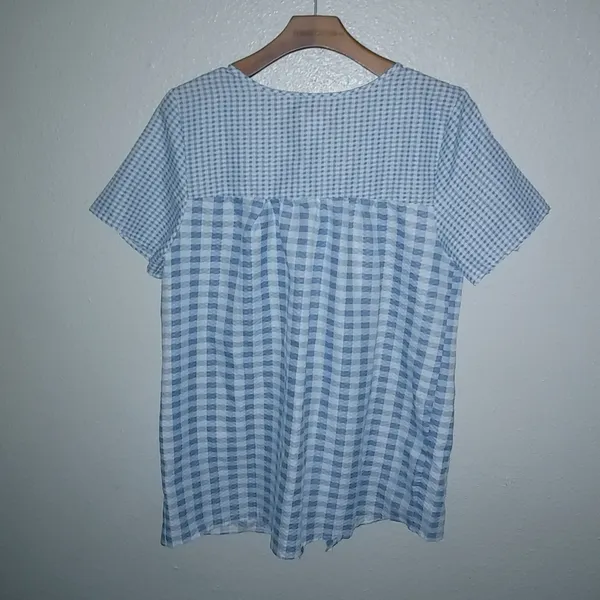 Tati Fashion M Blue Checked Snap Front Short Sleeved Pocketed House Coat - Image 2