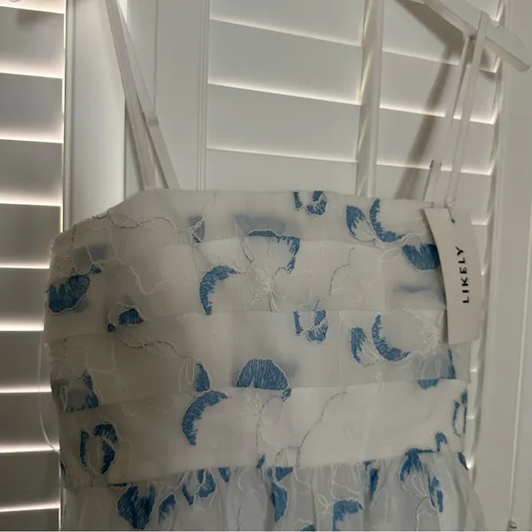Likely Kia Dress 8 White Blue Organza Floral Flare Tie Back Bridal Bride - Image 9