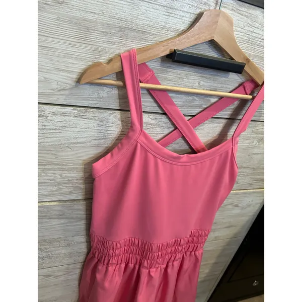 Pink Activewear Exercise Dress Cross Back Smocked Waist Athletic Mini Dress L - Image 4