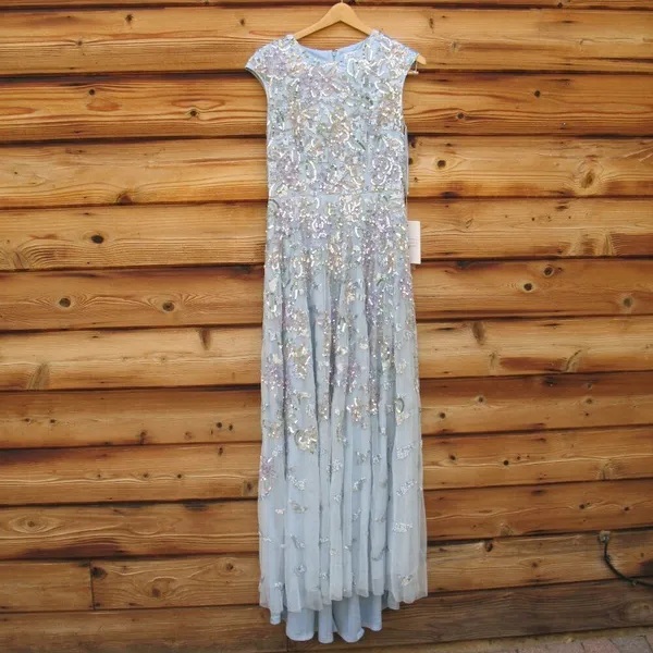 MAC DUGGAL 5647 Blue Sequined High Neck Cap Sleeve A Line Gown - Image 9