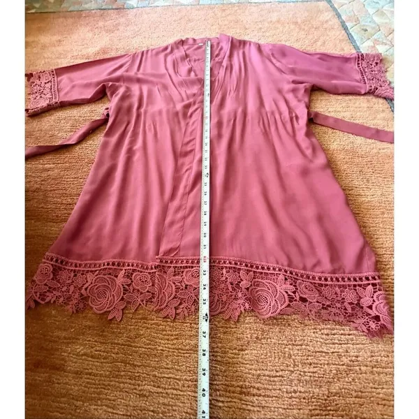 Pink Lace Trim Kimono Robe Sheer Tie Waist Lightweight One Size - Image 4