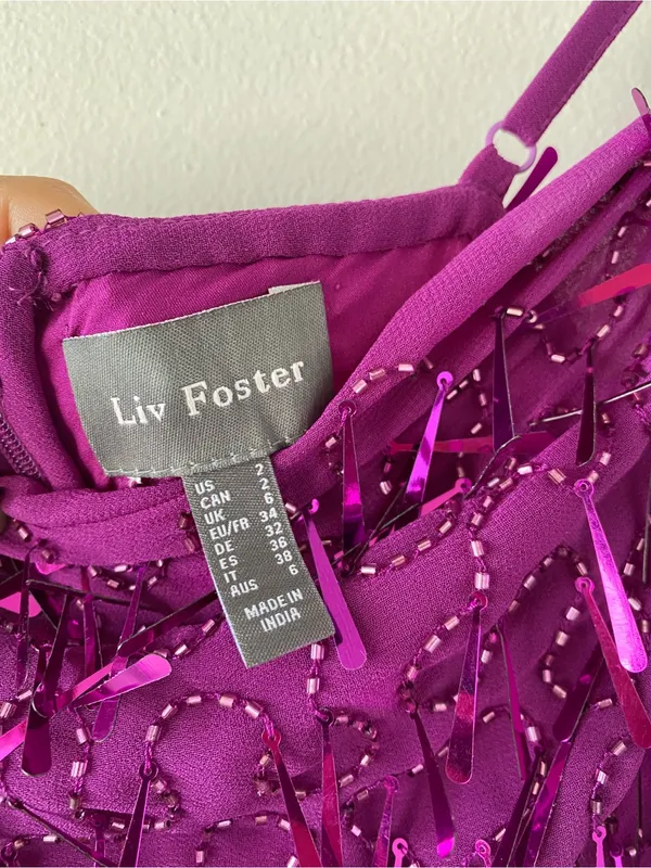Liv foster party cocktail Fuchsia Sequin Fringe Slip Midi Dress - Image 6