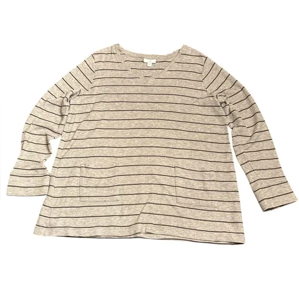 J. Jill women’s ribbed textured V neck tunic top gray patch pockets striped Sz L - Image 2