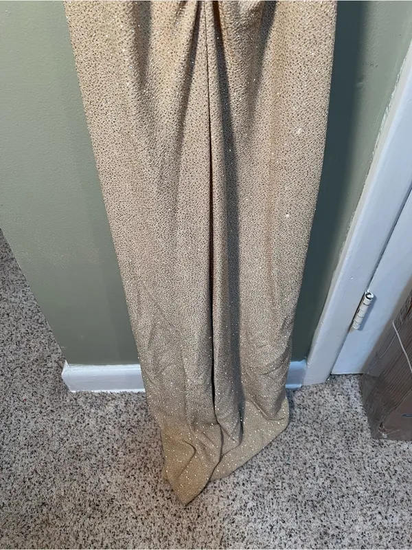 Vintage Bari Jay Women's Maxi Dress Halter V-Neck Cinched Beige‎ Gold Glitter - Image 10