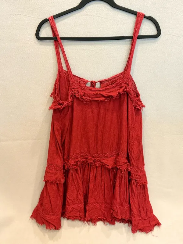 Free People Intimately Boho Red Mini Dress Raw Hem Ruffle‎ Festival Fairycore M - Image 5