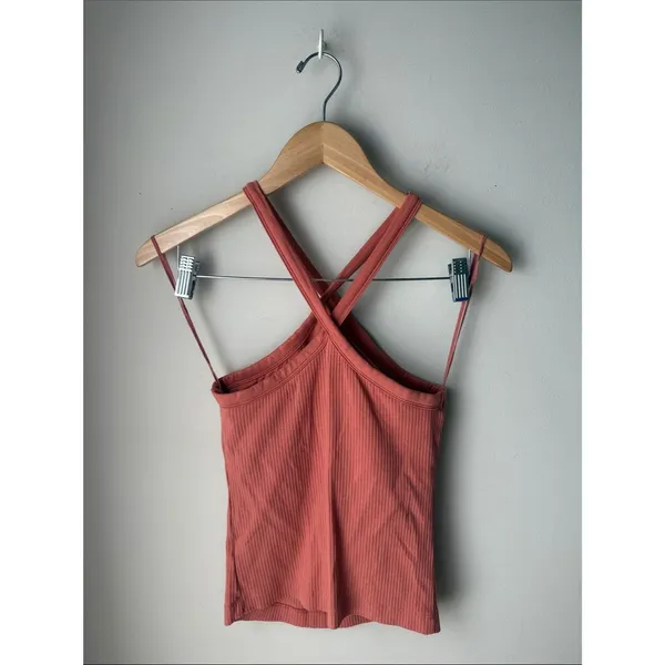 Old Navy Ribbed Crisscross Halter Tank Top Amber Glow Coral Medium - Image 2