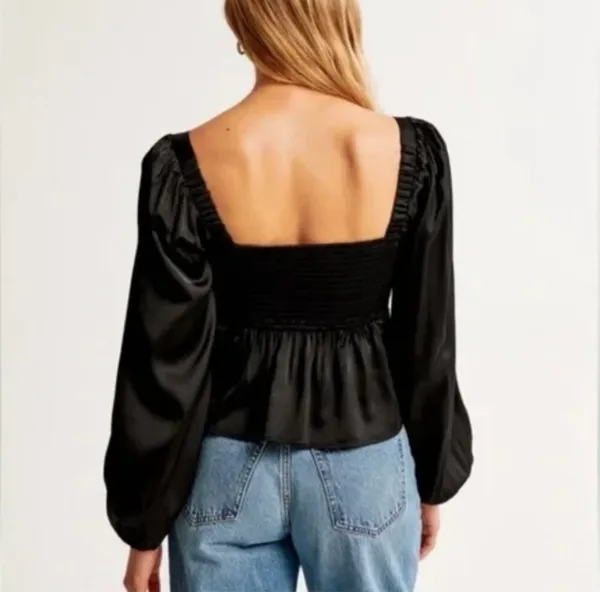 Abercrombie Emerson Blouse Satin Smocked Black - Image 2