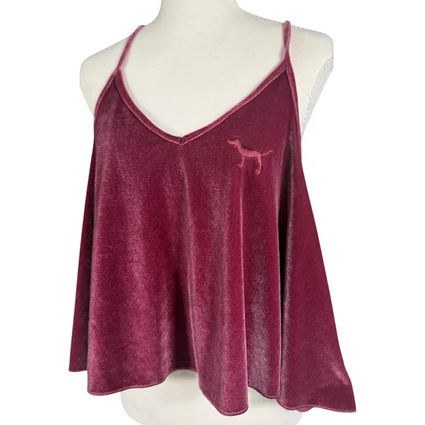 PINK Victoria's Secret Velvet Cami Womens M Burgundy Swing Spaghetti Strap Dog - Image 3