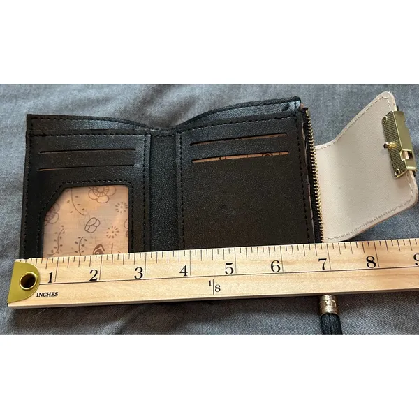 Womens Black Faux Leather Bifold Wallet Floral Snap Tassel Zipper Gold Leaf - Image 7