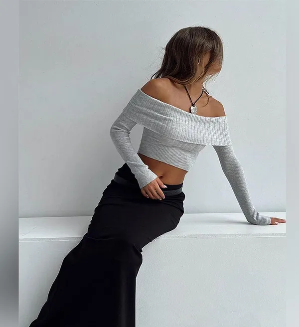 Princess Polly Tagula Off Shoulder Mixed Rib Crop light Gray Sweater long sleeve Women’s top - Image 5