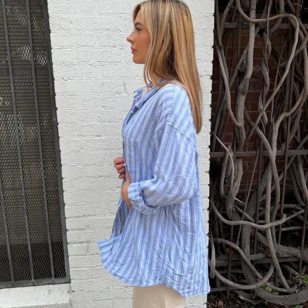 Aritzia Wilfred Free blue linen striped button up shirt Size 3 / XL - Image 6