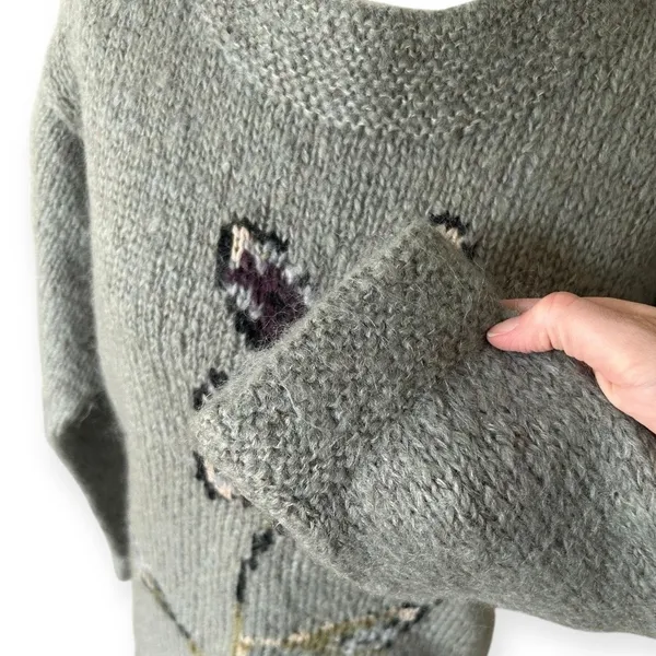 Garnet Hill Chunky Green Mohair Wool Hand Knit Sweater Floral Women's Small Cozy - Image 7