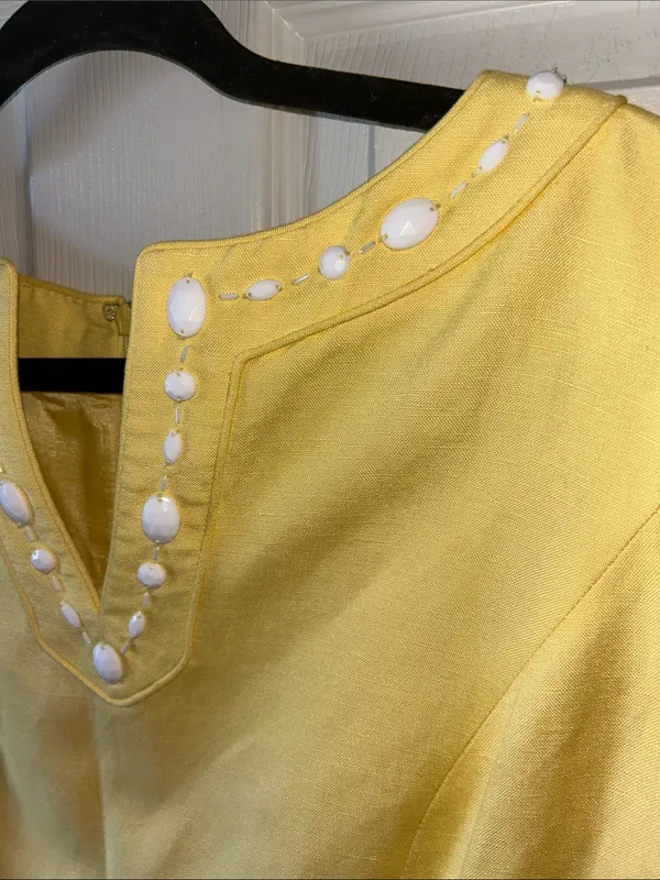 Alex Marie Linen Blend Soft Yellow‎ Lined Sleeveless Shift Midi Dress Beaded 8 - Image 3